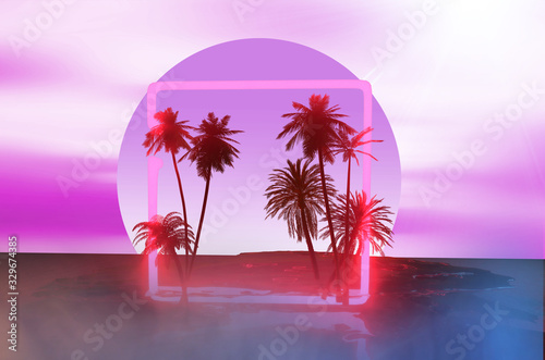 Fototapeta Naklejka Na Ścianę i Meble -  palm trees on the beach against the background of  neon lights concept of travel and beach parties
