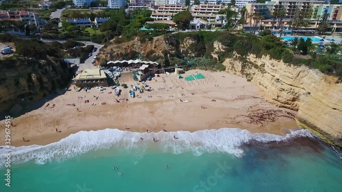 Aerial. Portuguese beach Senhora da Rocha, church on the cape, aerial view. Armacao de Pera Algarve photo