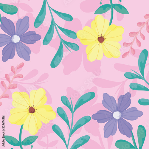 Floral pink background with yellow and purple flowers and green leaves