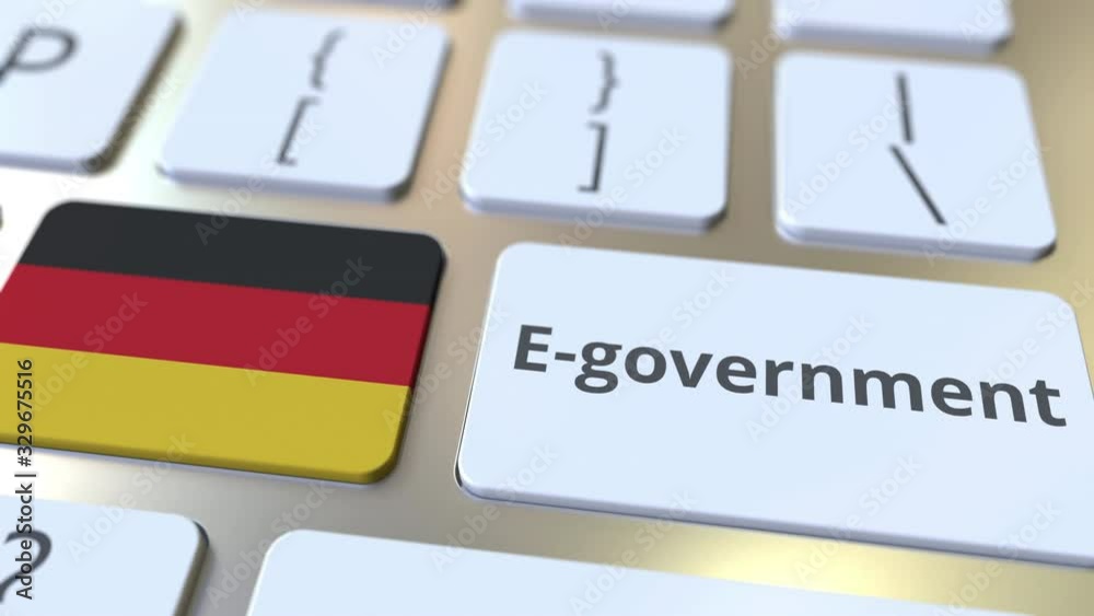 E-government or Electronic Government text and flag of Gemany on the keyboard. Modern public services related conceptual 3D animation