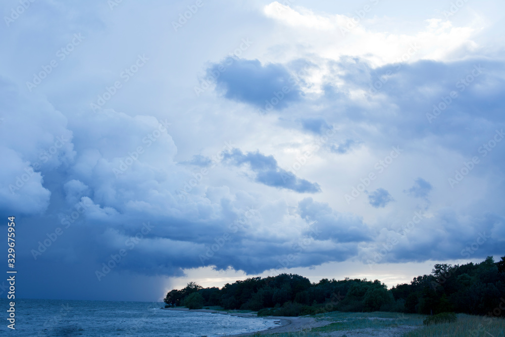blue sky cloudy landscape, thunder on sea background