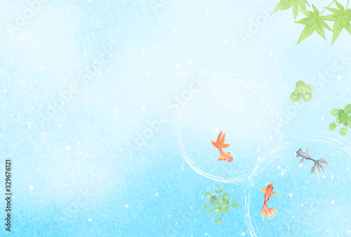 夏の水彩背景イラスト　金魚