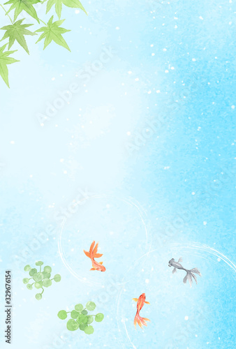 はがきテンプレート　金魚　水彩イラスト
