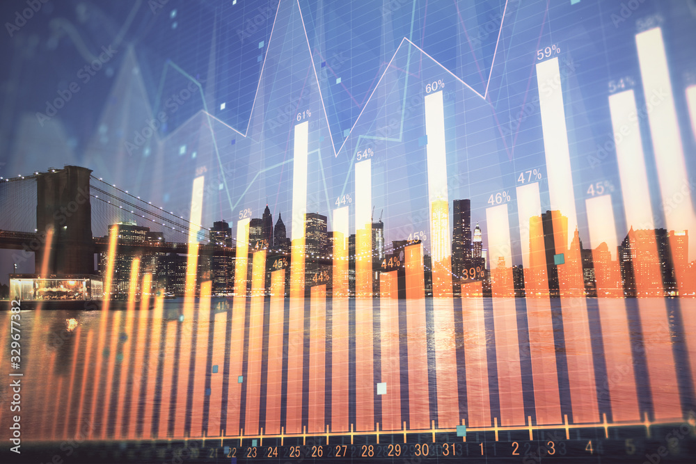 Obraz premium Financial graph on night city scape with tall buildings background double exposure. Analysis concept.