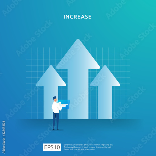 growth up arrow illustration concept. business profit grow or income salary rate increase with people character. sale margin revenue with dollar symbol. Finance performance of return on investment ROI