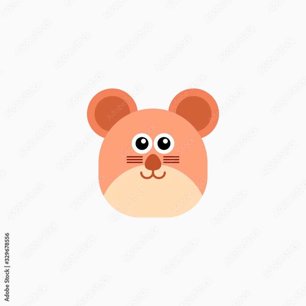 Fototapeta premium Vector Flat mouse's face isolated. Cartoon style illustration. Animal's head logo. Object for web, poster, banner, print design. Advertisement decoration element