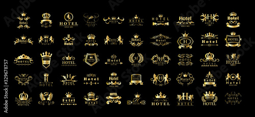 Golden Hotel Luxury Logo Set - Isolated On Black Background, Vector.Icons Collection Of Golden Hotel Logo, Emblem And Label.Useful For Badge,Seal And Design Template.Vector Illustration Of Luxury Logo