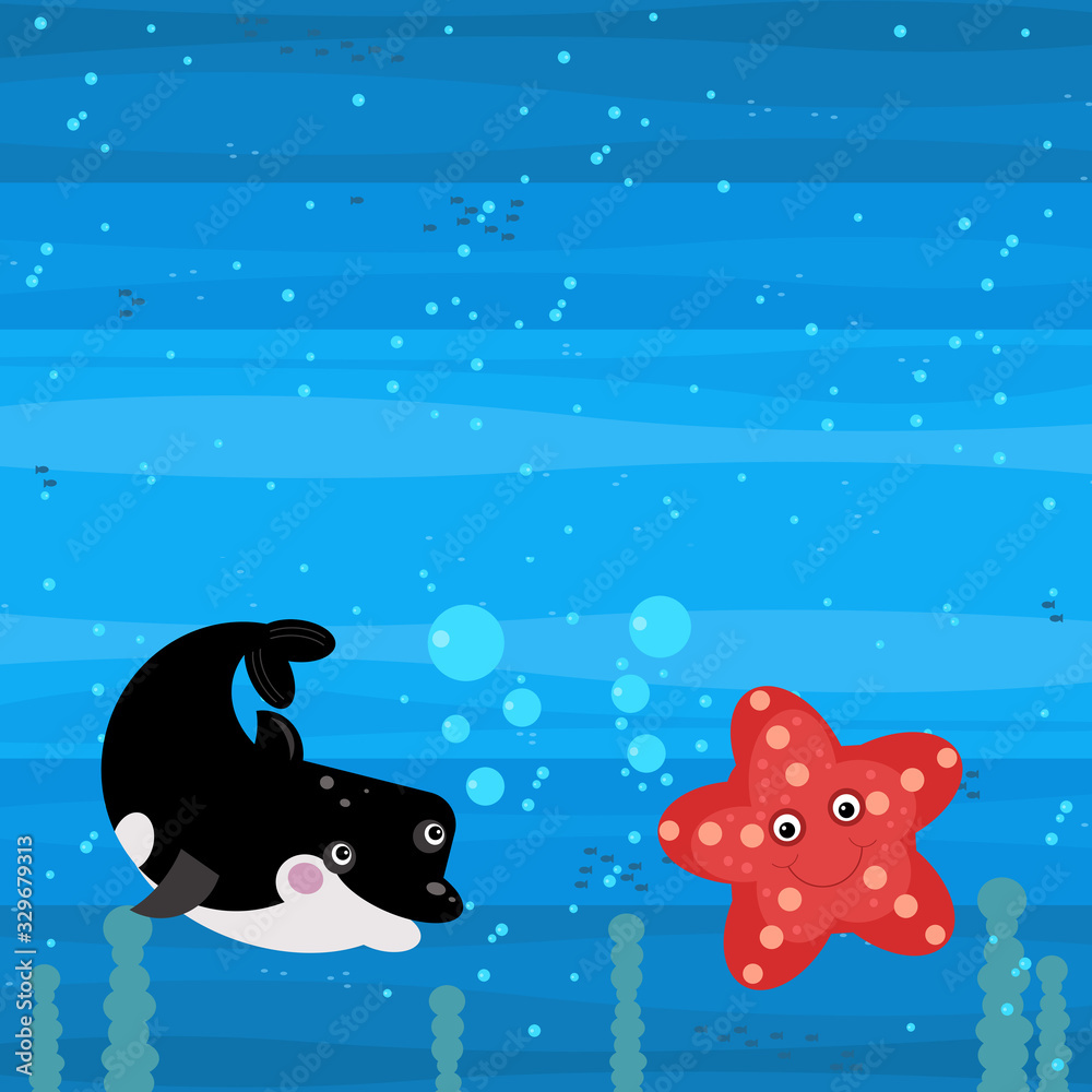 Fototapeta premium Funny cartoon undersea scene with swimming coral reef fishes illustration