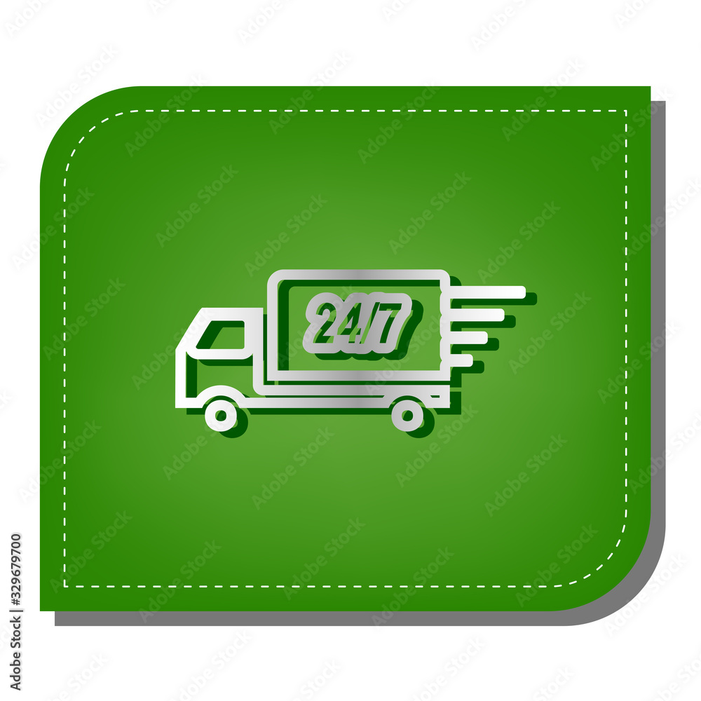 Home delivery sign. Silver gradient line icon with dark green shadow at ecological patched green leaf. Illustration.