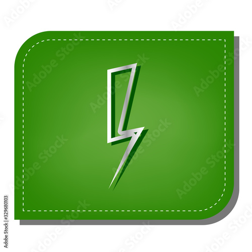 Lightning Icon sign. Silver gradient line icon with dark green shadow at ecological patched green leaf. Illustration.