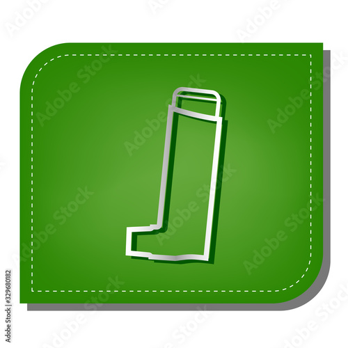 Inhaler for asthma sign. Silver gradient line icon with dark green shadow at ecological patched green leaf. Illustration.