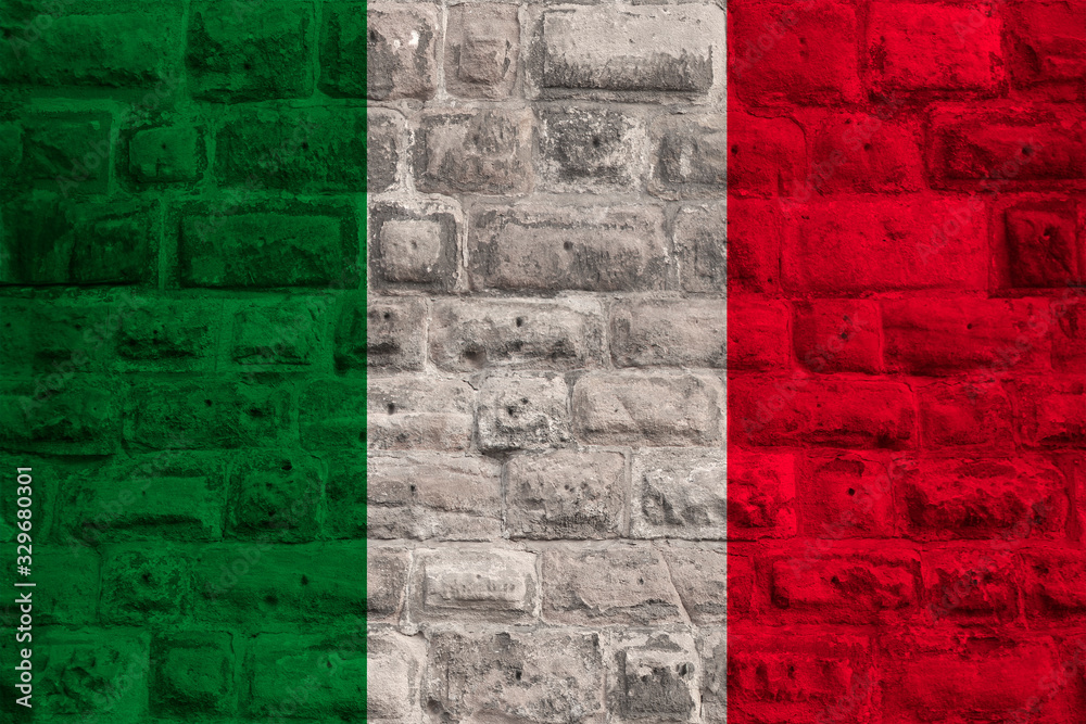 national flag of the modern state of Italy on an old historical stone wall, concept of business, tourism, travel, emigration, globalization