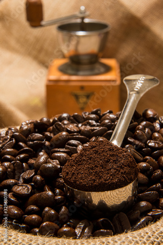 coffee grinder and beans