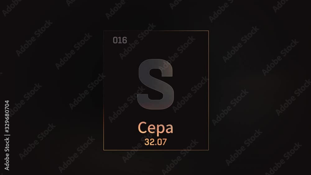 Sulfur as Element 16 of the Periodic Table. Seamlessly looping 3D animation on grey illuminated atom design background orbiting electrons name, atomic weight element number in russian language Sulfur as Element 16 of the Periodic Table. Seamlessly looping 3D animation on grey illuminated atom design background orbiting electrons name, atomic weight element number in russian language