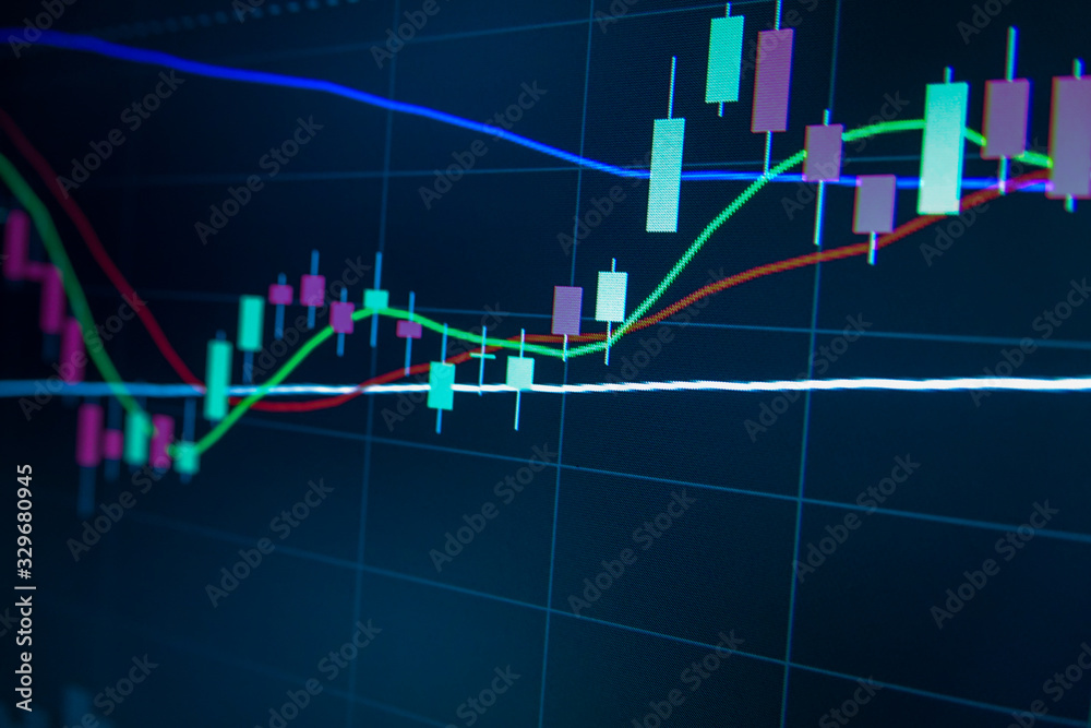 Naklejka premium Blue Stock Exchange Market trading graph on screen monitor for economic and financial investment. Business analysis chart display. Stock invest infomation.