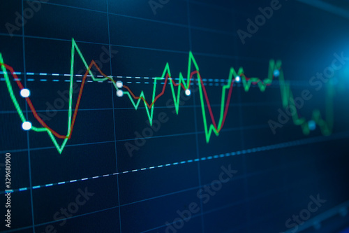 Blue Stock Exchange Market trading graph on screen monitor for economic and financial investment. Business analysis chart display. Stock invest infomation.