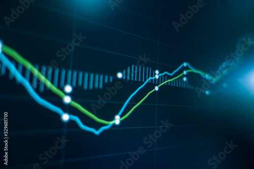 Stock market trading graph and candlestick chart on screen monitor for financial investment and economic concept.