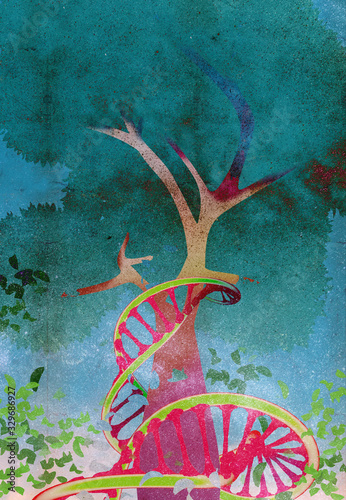 Canvastavla A DNA string growing surronding a tree