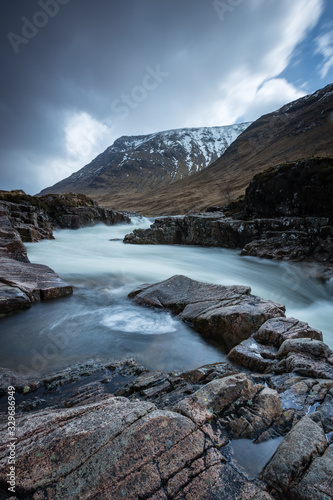 the river coupall waterfalls on rannoch moor showing buachaille etive mor in the background as the entrance to glencoe valley in winter © Andy Morehouse