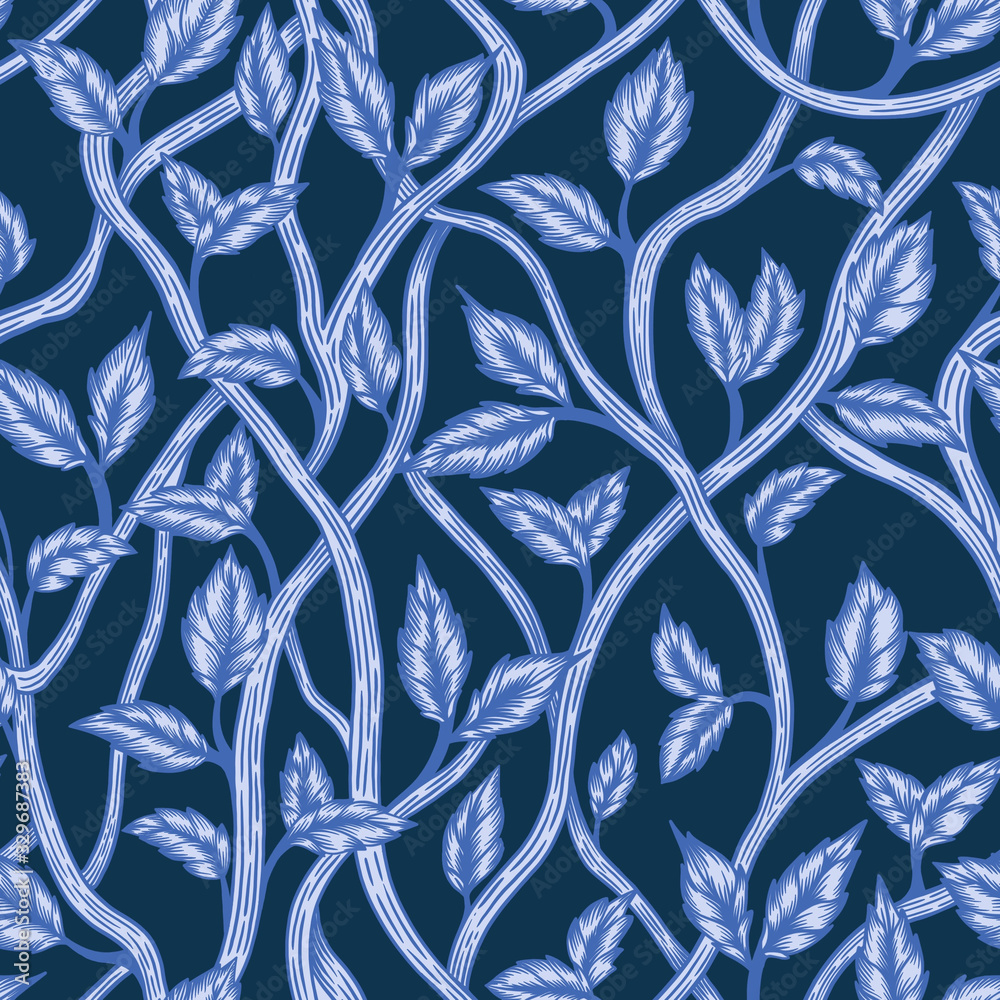 Fototapeta Seamless vintage background leaves blue modern etching pattern