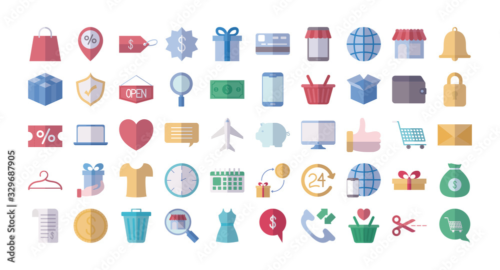 money and shopping icon collection, flat style