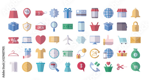 money and shopping icon collection, flat style
