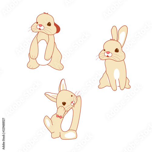 Three bunny characters. Rabbit in vector. Cute rabbits in various emotions.