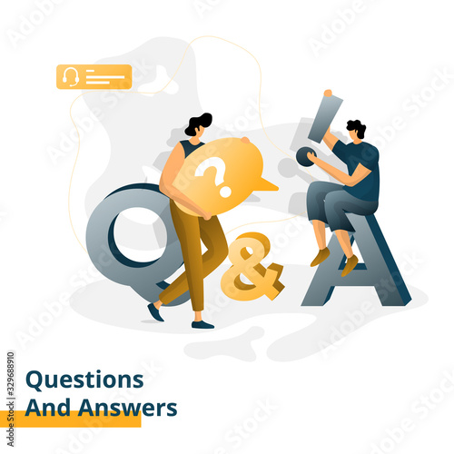 Landing page Questions and Answers, the concept of men in communication, can be used for landing pages, web, UI, banners, templates, backgrounds, web development.