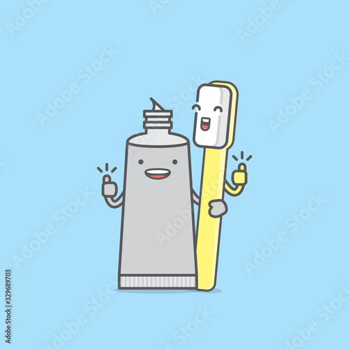 Dental cartoon of a cleaner gang toothpaste, toothbrush thumbs up illustration cartoon character vector design on blue background.  Dental care concept.