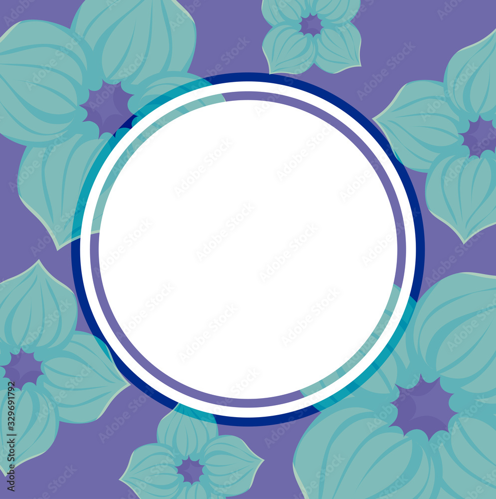 decorative circular frame over floral background with turquoise flowers