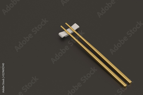 Luxury golden chopsticks on black background. 3D illustration.