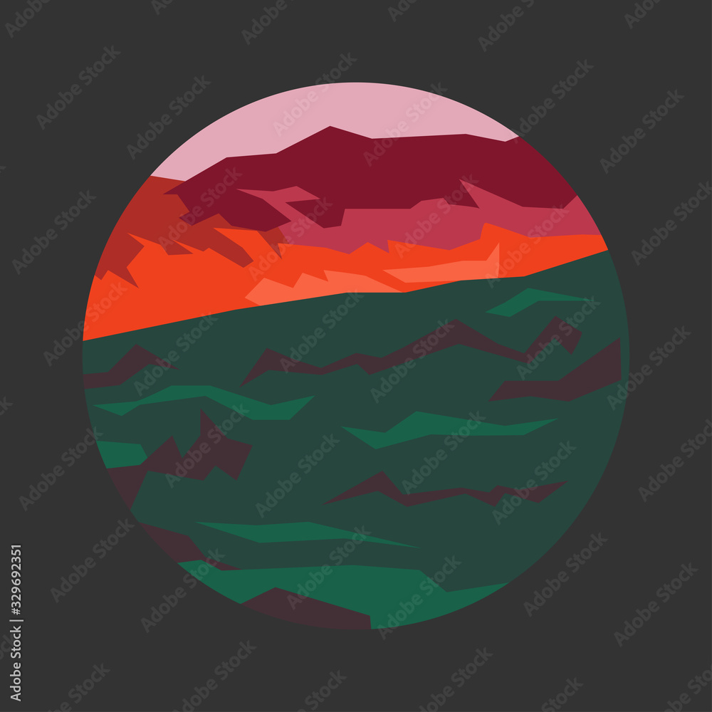 Mountains, forests and lakes in geometric stylisation.