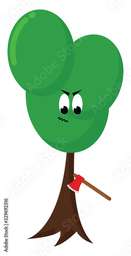 Tree with ax, illustration, vector on white background.