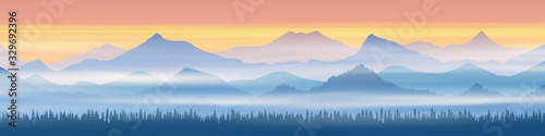 Fantasy on the theme of the morning landscape, sunrise in the mountains, panoramic view, vector illustration