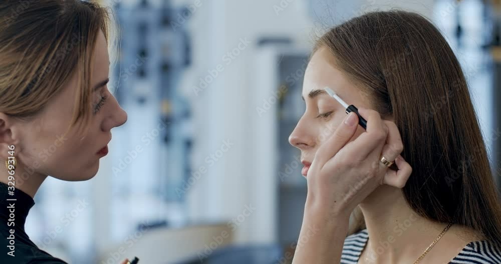 makeup artist makes makeup to young girl and combs eyebrows makeup artist makes makeup to young girl and combs eyebrows