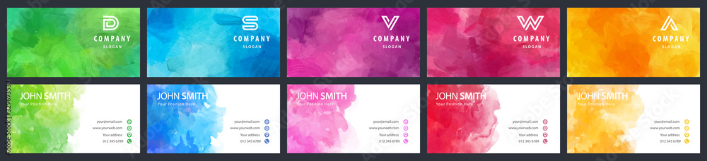 Bundle set of colorful business card vector templates with watercolor backgrounds - obrazy, fototapety, plakaty 