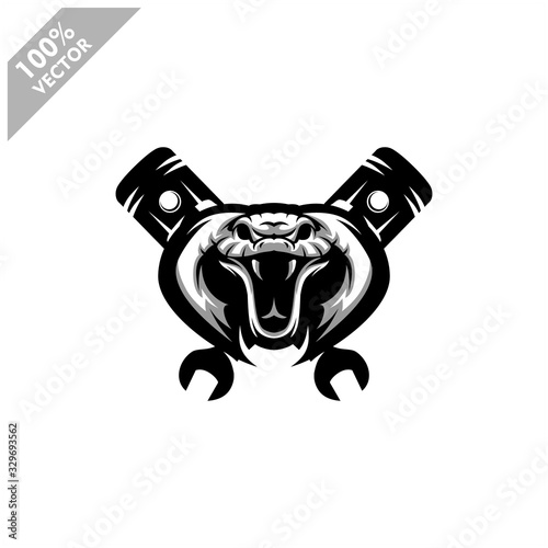 Snake viper head auto repair and custom Garage Vintage style logo. Design element for company logo, label, emblem, sign, apparel or other merchandise. Scalable and editable Vector illustration.