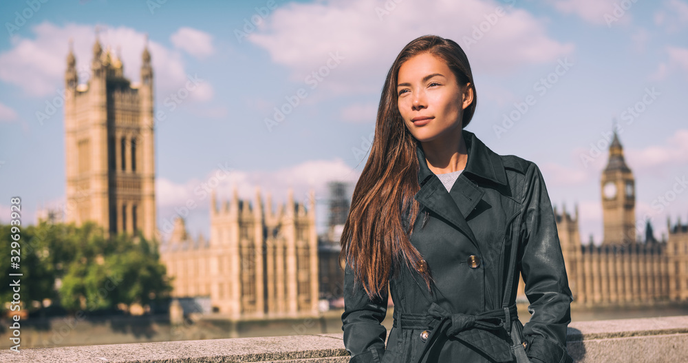 Lodnon Fashion Asian woman model walking on city street in front of parliament, UK travel autumn lifestyle banner.