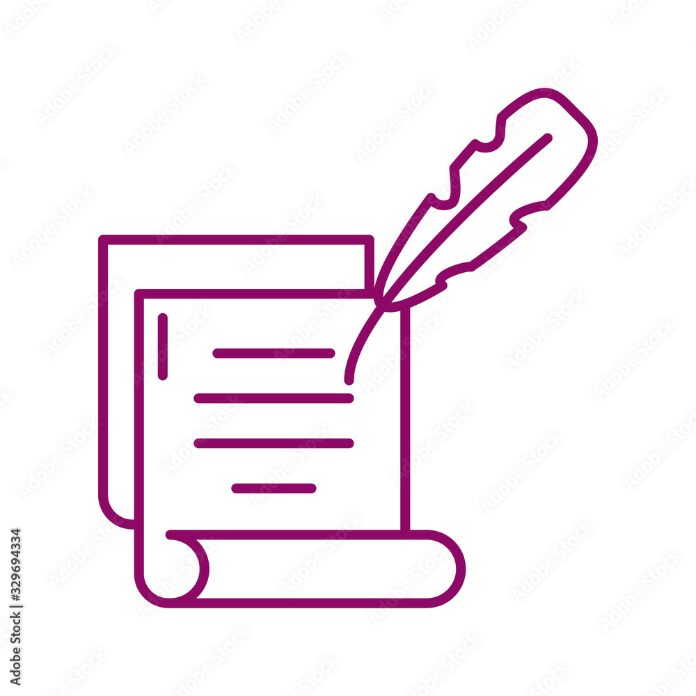 sheet of paper with feather, line style icon sheet of paper with feather, line style icon