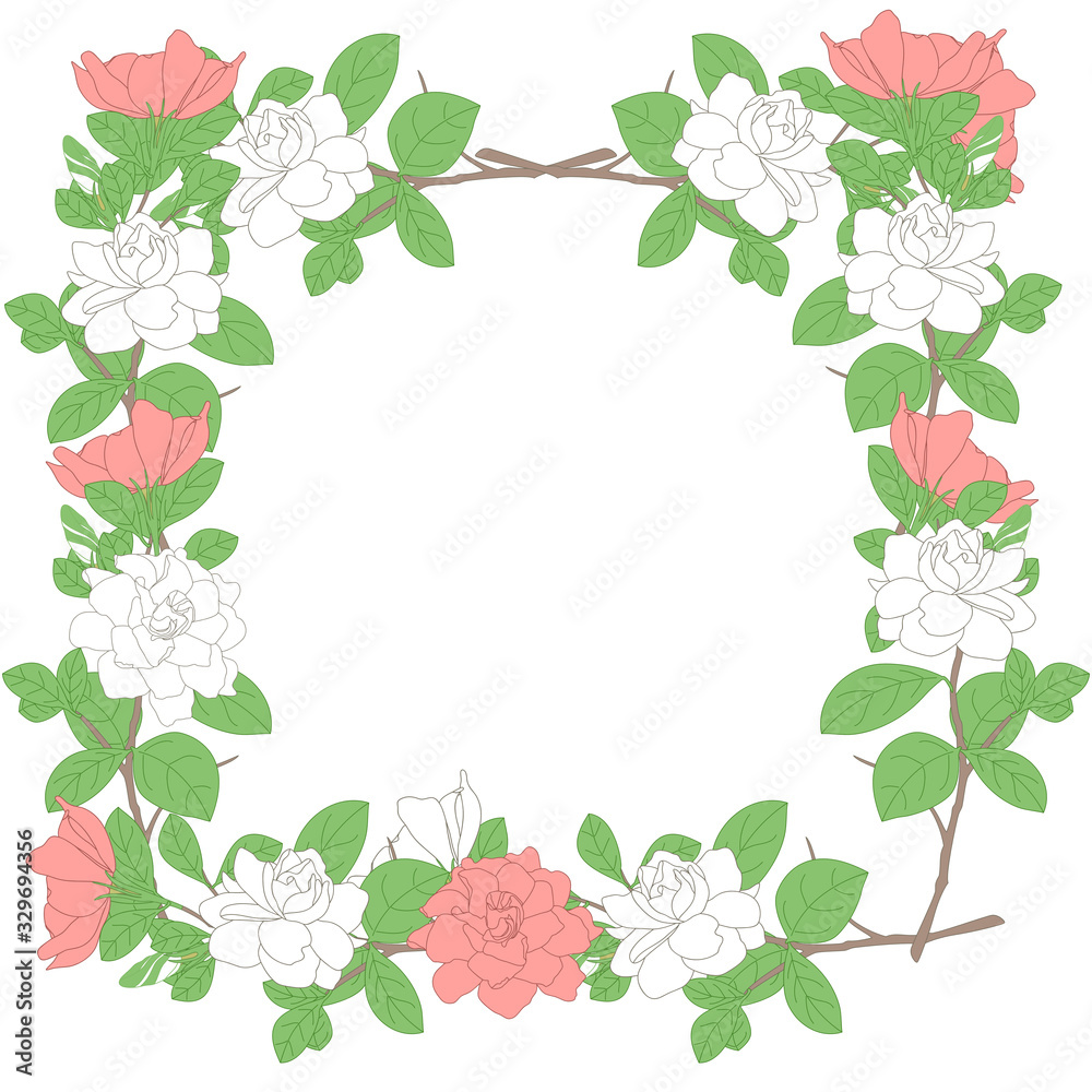 Square floral frame. Romantic white and pink gardenia jasminoides flowers, buds, branches and leaves isolated on white. Soft colors. Great for wedding, birthday, valentine, anniversary, mother's day