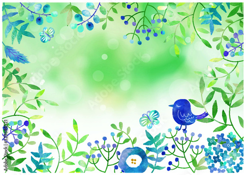 小鳥と植物_水彩グリーン背景