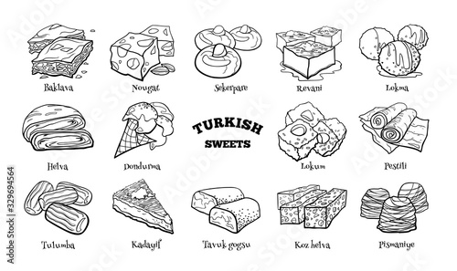 Collection of traditional Turkish desserts. Hand drawn sketch in doodle style.