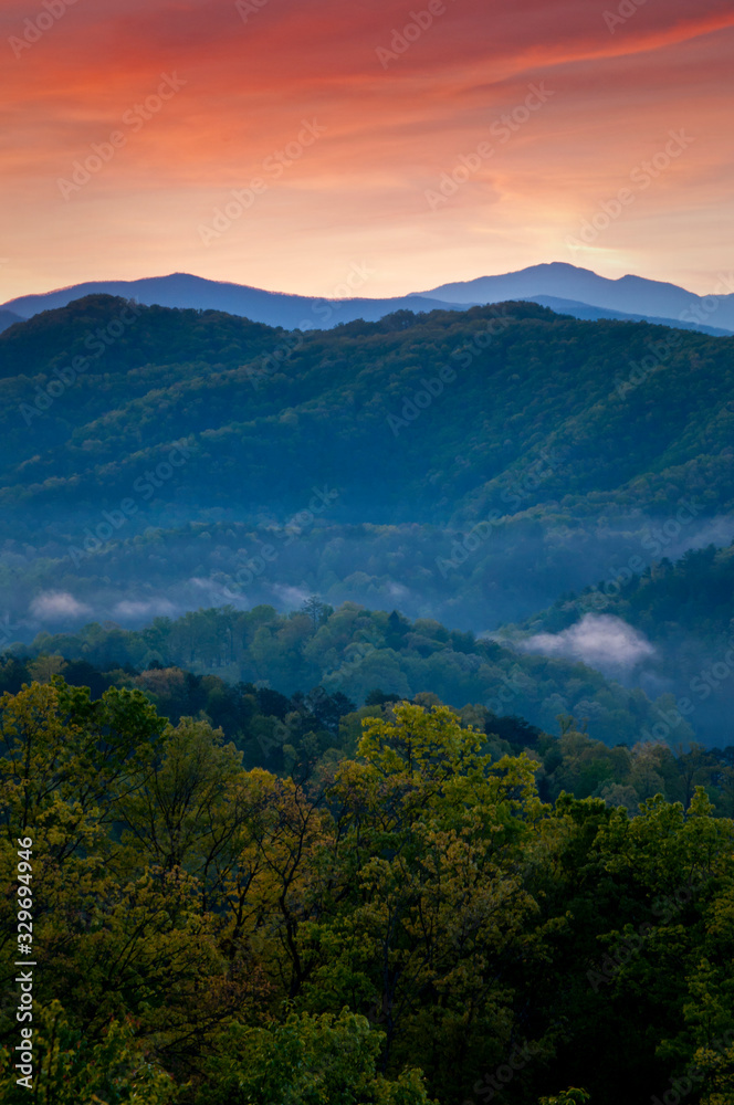 Sunrise in the Smoky Mountains viewed from an overlook along Foothills Parkway just outside Townsend, Tennessee.