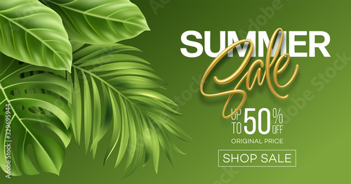 Golden metallic summer sale lettering on a bright background from green tropical leaves of plants. Vector illustration