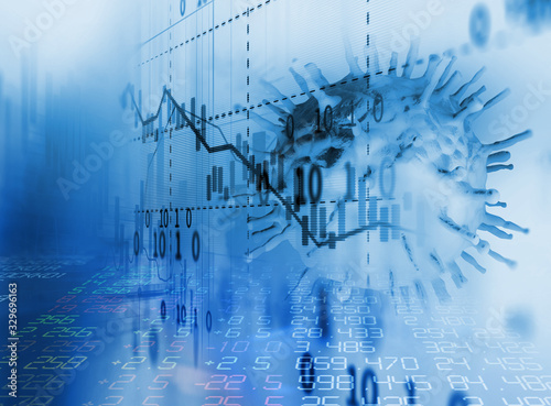 Photos Down trend financial graph on nCov corona virus microscope image ,3d illustratio