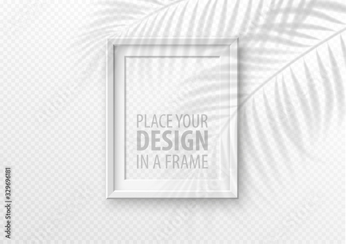 The transparent shadow overlay effect. Mockup with picture frame and overlay a palm leaf shadow. Vector illustration