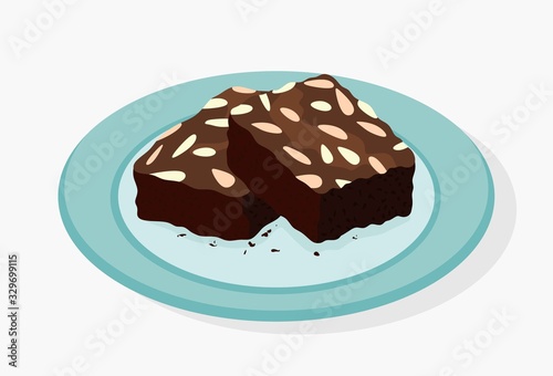  chocolate brownies isolated on white background. two brownie cake pieces as homemade dessert food illustration.