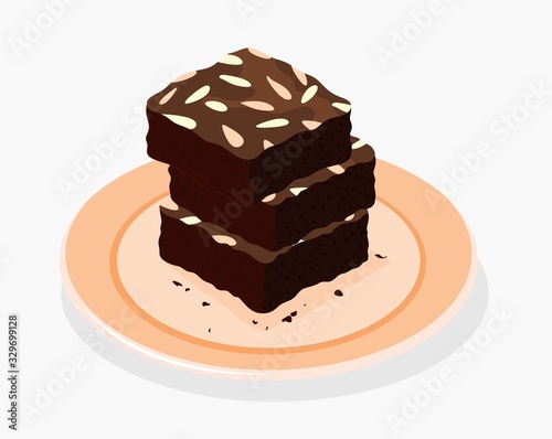  chocolate brownies isolated on white background. two brownie cake pieces as homemade dessert food illustration.