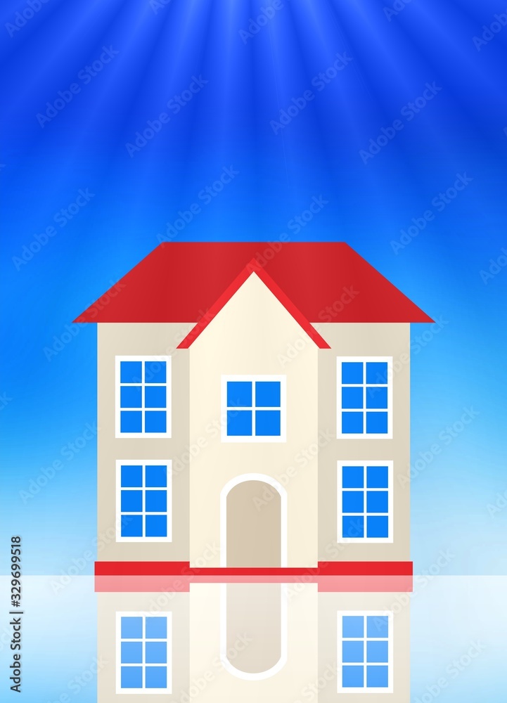 Pretty white house under red roof represents individual housing. Winter season is expressed in blue sky and smooth surface of ice. Bright rays from above. New building. Pretty white house under red roof represents individual housing. Winter season is expressed in blue sky and smooth surface of ice. Bright rays from above. New building.