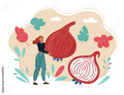 Woman with big onion. Health food concept, diet, vegan, cooking